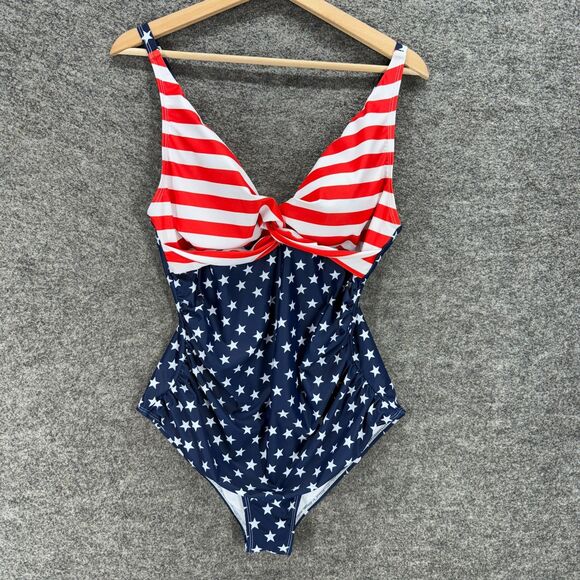 Unbranded Swimsuit Women XL Blue American Flag Print One Piece V-Neck Lined - Picture 1 of 6